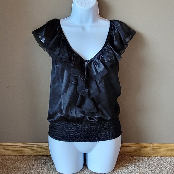 Bebe Silk V-neck Ruffle Dressy Black Tank Top Size Small - Picture 2 of 9